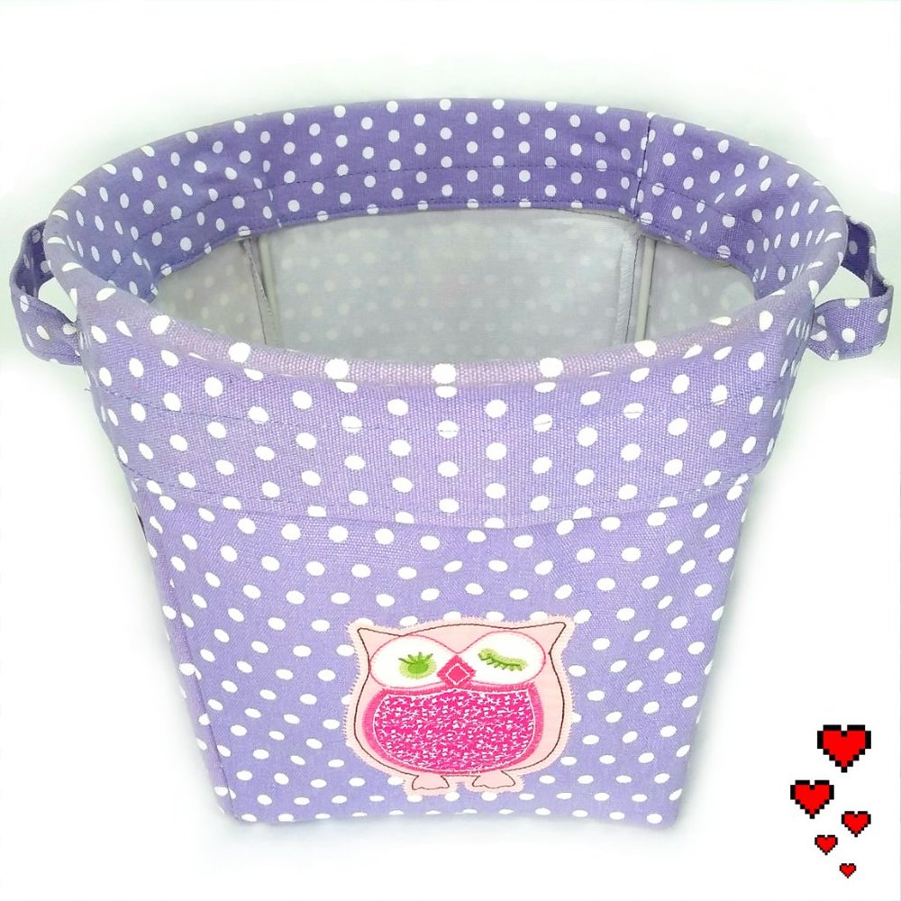 Pottery Barn Kids Canvas Storage Bins Owl Patch Lavender Polka Dot Set of 2